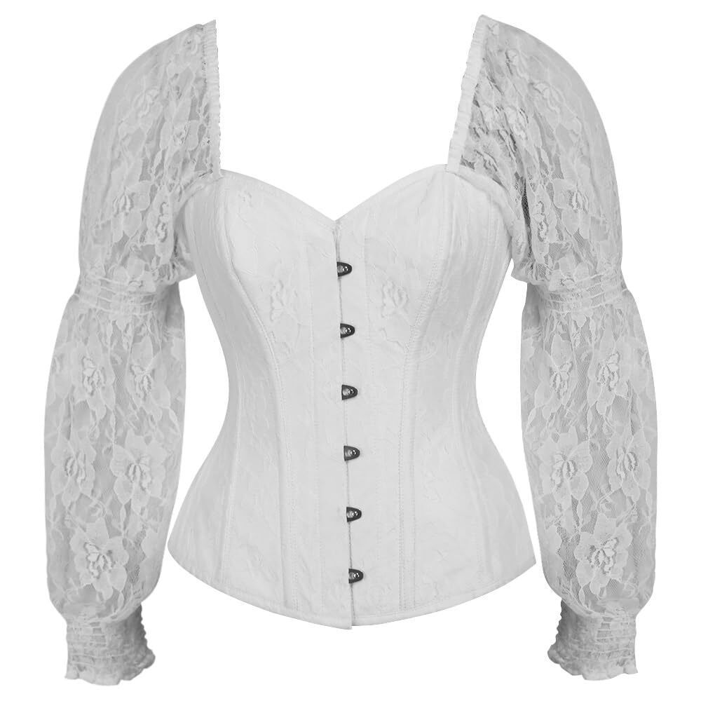 7604 Top Drawer White w/White Lace Steel Boned Long Sleeve Corset Large